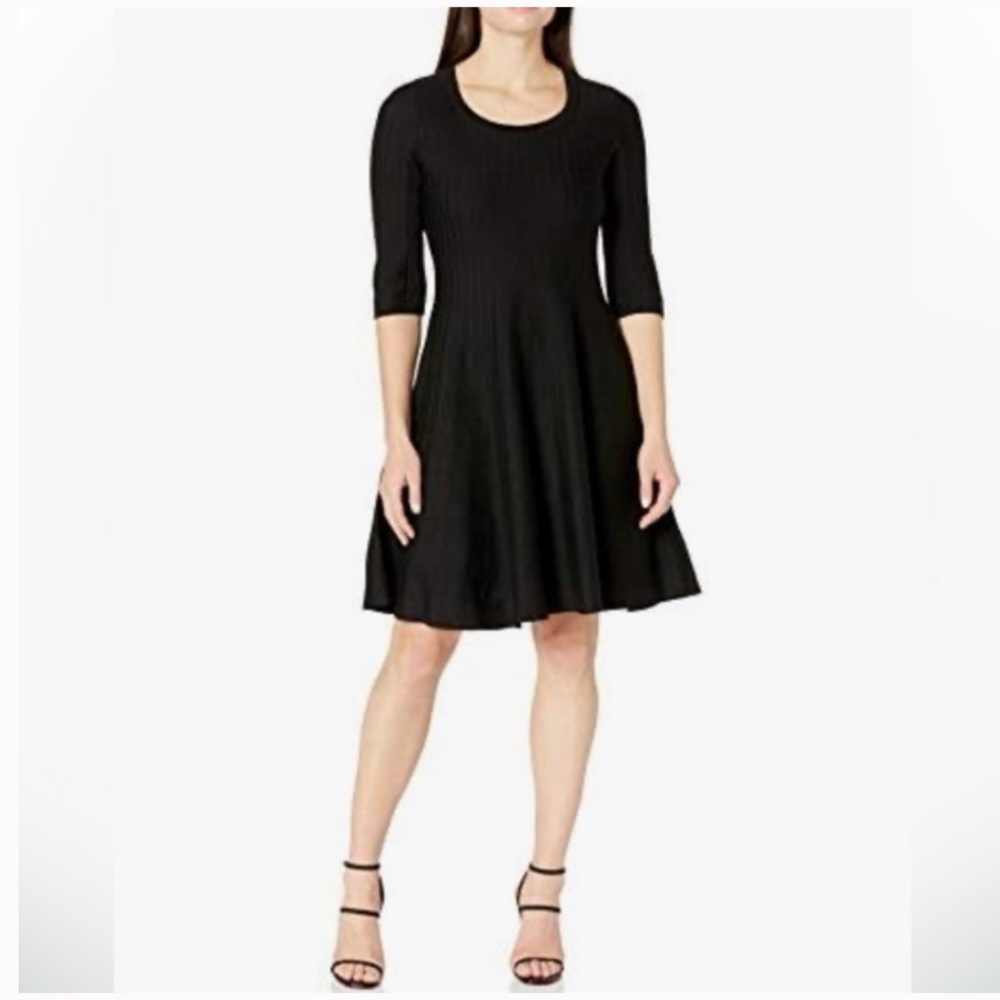 NIC+ZOE Twirl Dress 3/4 Sleeve Black Casual A-line Fit Flare Knit Ribbed Dress M